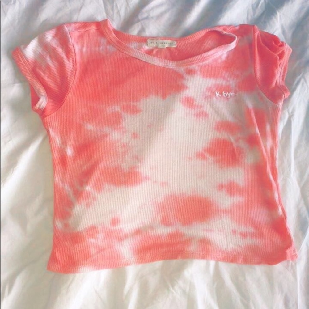 " k bye " light pink and white shirt